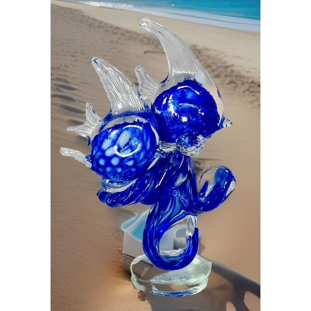 Hand Blown Studio Art Glass 2 ANGEL FISH Riding a Wave Surfing Blue and White